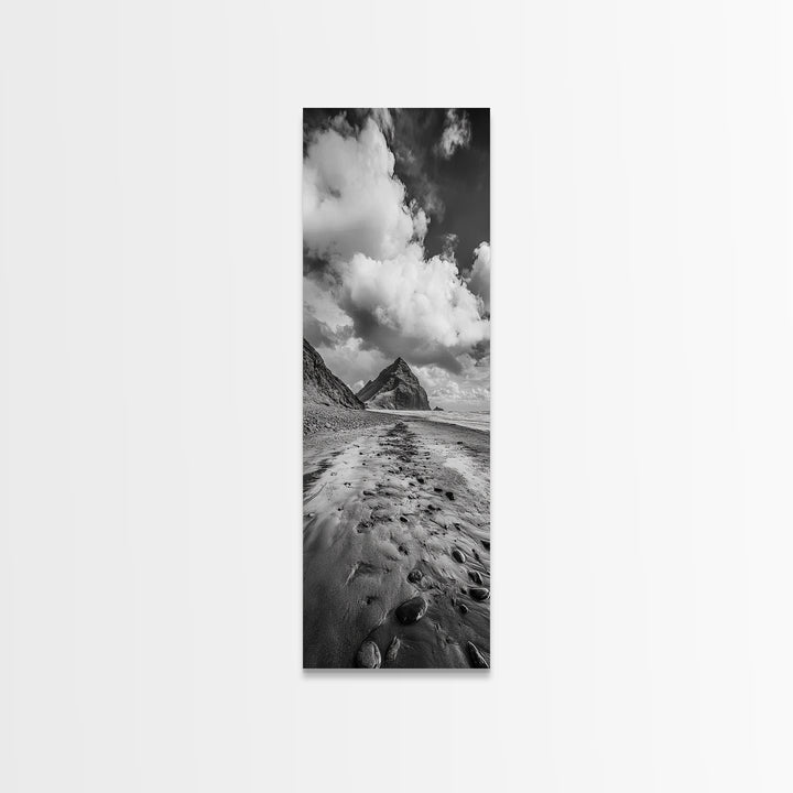 Mountain Beach Path, Cloudy Sky Landscape, Black and White Nature Scene, Framed Canvas Print, Entryway Fall Coastal Wall Decor