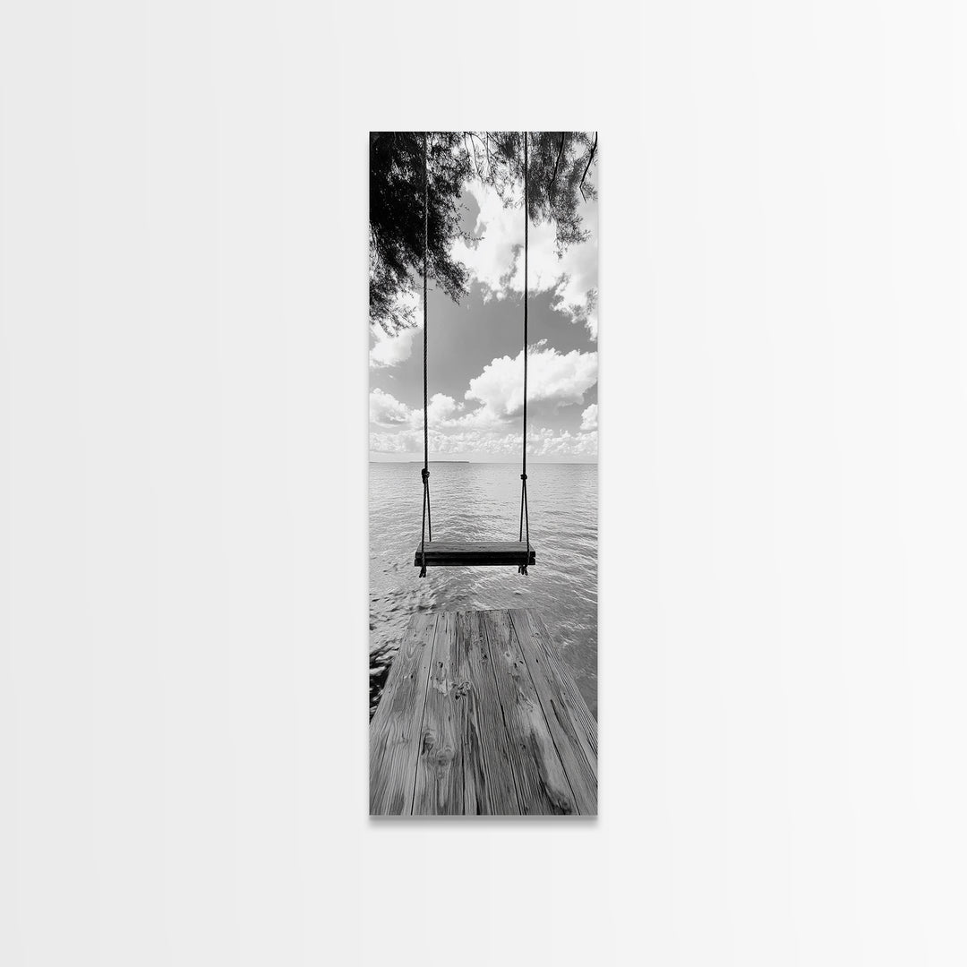 Lakeside Swing Stillness, Serene Water View Print, Peaceful Dock Photography, Canvas Print, Tranquil Bedroom or Office Wall Art