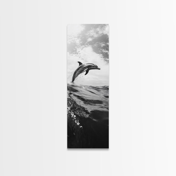 Dolphin Ocean Jump, Black and White Sea Life Print, Coastal Marine Wall Art, Canvas Print, Beach House Decor, Nature Photography