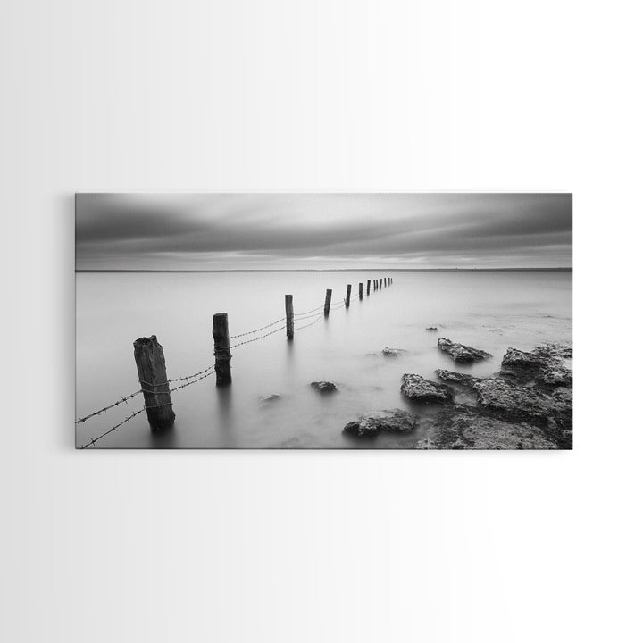 Coastal Fence Line, Tranquil Ocean Scene, Soft Minimalist Photo, Framed Canvas Print, Bathroom or Hallway Wall Art, Zen Vibes