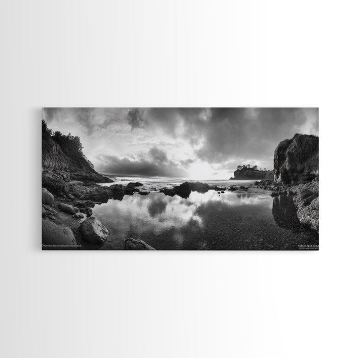 Coastal Reflection, Tide Pools, Dramatic Sky, Ocean Cliff Landscape, Framed Canvas Print, Bedroom Nature Photography Art