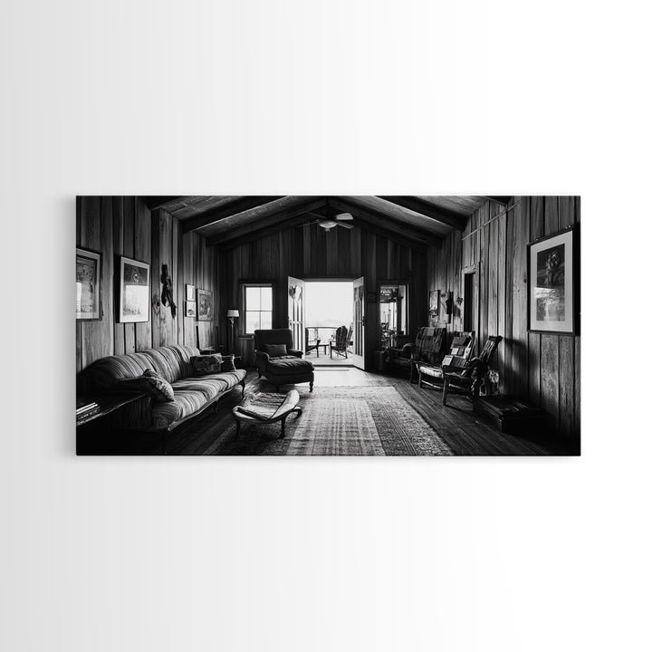 Cozy Cabin Interior, Rustic Living Space, Wood Wall Charm, Canvas Print, Country Living Room Art, Americana Wall Photography