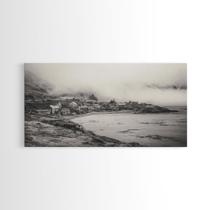Coastal Fog Village, Misty Ocean Cliff Scene, Black and White Landscape, Canvas Print, Bedroom Wall Art, Rustic Coastal Decor