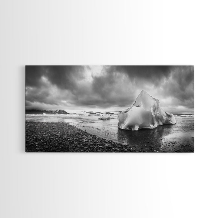 Arctic Iceberg Shore, Moody Cloud Sky, Frozen Water Landscape, Framed Canvas Print, Office Wall Art, Nordic Minimalist Art
