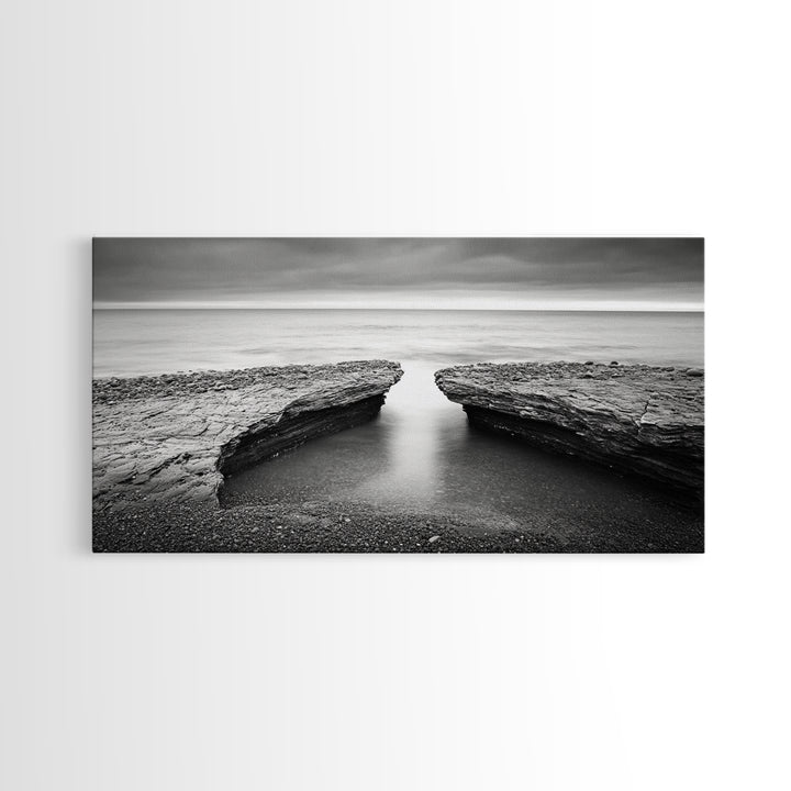 Ocean Rock Split, Calm Seascape Horizon, Monochrome Photography, Canvas Print, Bathroom Wall Art, Zen Coastal Aesthetic, Office Wall Art