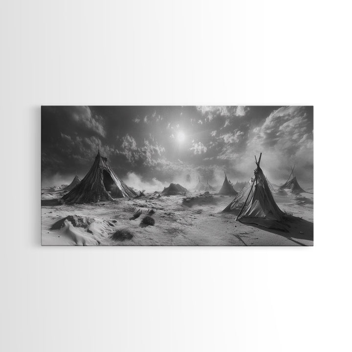 Desert Tent Scene, Surreal Tribal Landscape, Stormy Sky Tents, Canvas Print, Living Room Wall Art, Boho Nomad Aesthetic, Living Room Wall Art