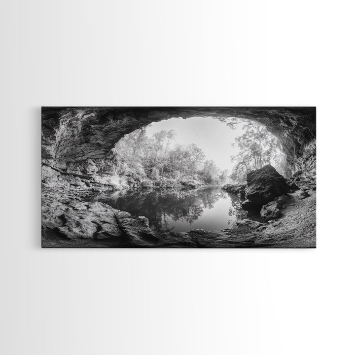 Cave Entrance Lake, Hidden Forest View, Rock Reflection Water, Canvas Print, Hallway Wall Art, Adventure Wilderness Decor, Minimalist Style