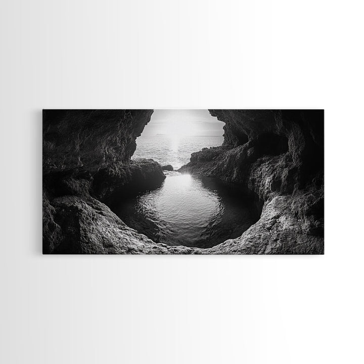 Ocean Cave Sunset, Seascape Art, Black and White Photography, Coastal Decor, Minimalist Style, Canvas Print, Bathroom Wall Art