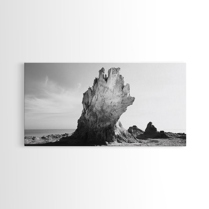 Desert Rock Tower, Surreal Landscape, Modern Nature Art, Canvas Print, Black and White Office Decor, Minimalist Style Piece, Bedroom Wall Art