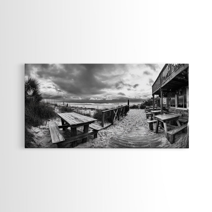 Beach Boardwalk, Coastal Restaurant, Moody Seaside View, Framed Canvas Print, Kitchen or Bar Wall Art, Rustic Autumn Decor