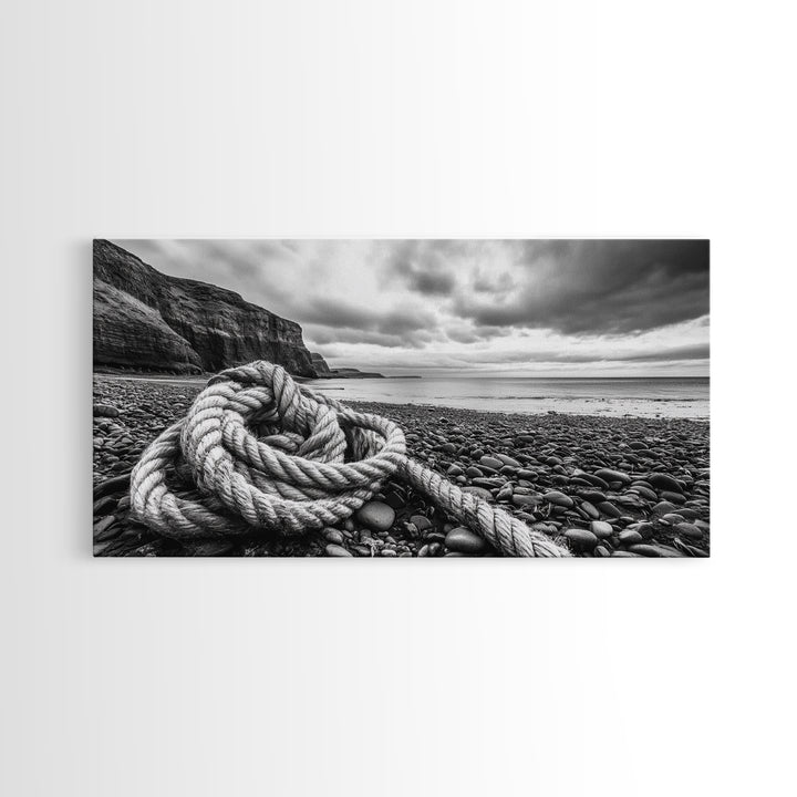 Coastal Rope, Pebble Shore, Nautical Texture, Rugged Seascape, Canvas Print, Bathroom Wall Art, Beach House Style, Moody Ocean Decor