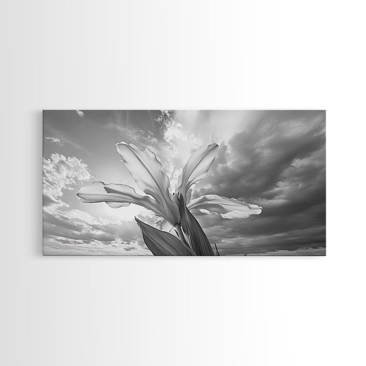 Blooming Iris, Floral Sky, Dreamy Nature, Petal Light, Framed Canvas Print, Modern Bedroom Art, Feminine Wall Art, Botanical Home Decor