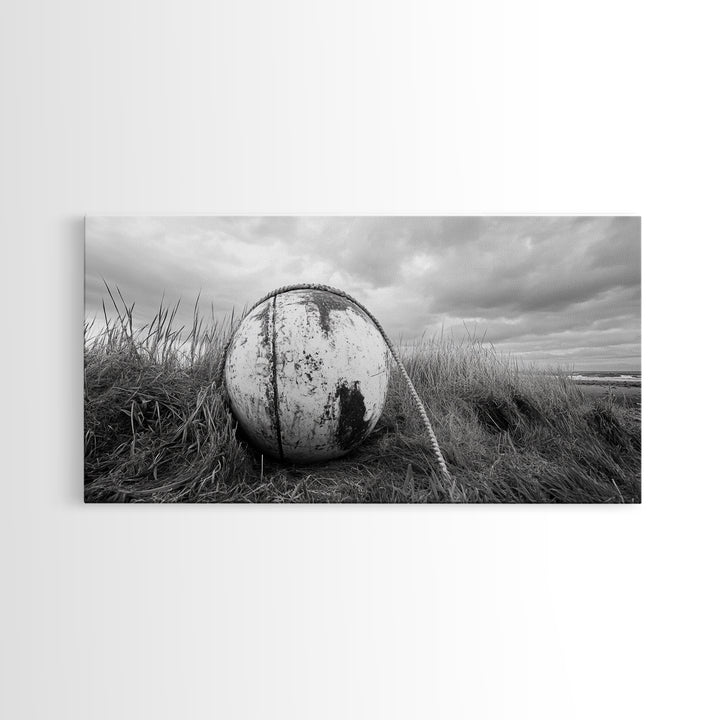 Coastal Buoy, Nautical Sphere, Fishing Rope, Beach Grass, Framed Canvas Print, Coastal Bathroom Art, Seaside Wall Decor, Rustic Style
