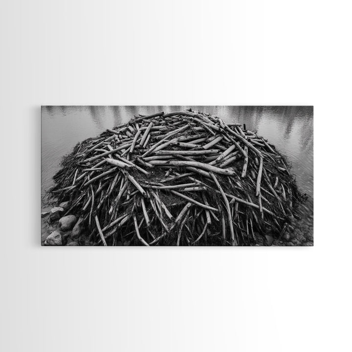 Beaver Lodge, Natural Structure, Earthy River Habitat, Framed Canvas Print, Cabin Wall Art, Nature-Inspired Rustic Fall Decor