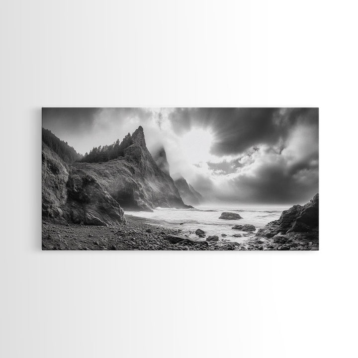 Coastal Cliffside, Stormy Sea, Dramatic Sky, Ocean Mood, Framed Canvas Print, Monochrome Art, Living Room Beach House Decor
