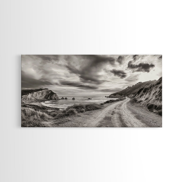 Coastal Road, Scenic Journey, Ocean Path, Cloudy Sky, Framed Canvas Print, Rustic Wall Art, Entryway Wanderlust Landscape, Coastal House