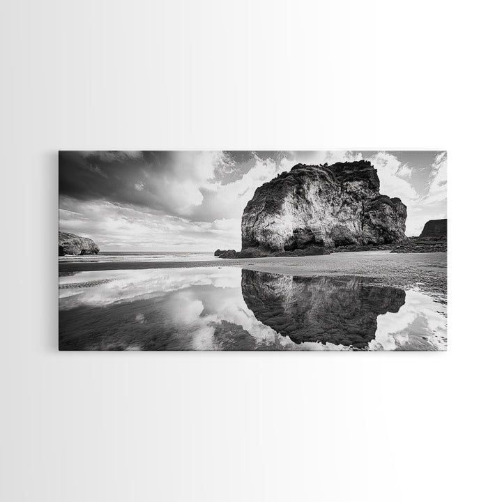 Beach Reflection, Seaside Rock, Cloudy Horizon, Coastal View, Framed Canvas Print, Minimalist Wall Art, Bathroom Ocean Decor