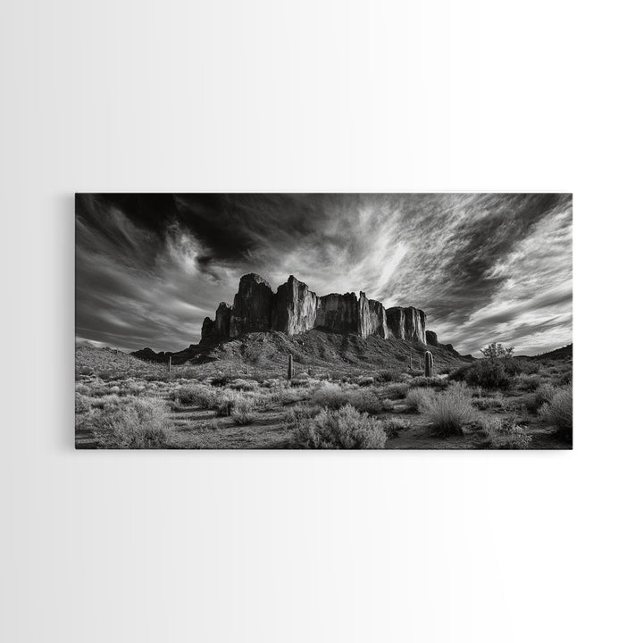 Desert Mesa, Dramatic Sky, Western Landscape, Cactus Field, Framed Canvas Print, Rustic Wall Art, Living Room Southwest Decor