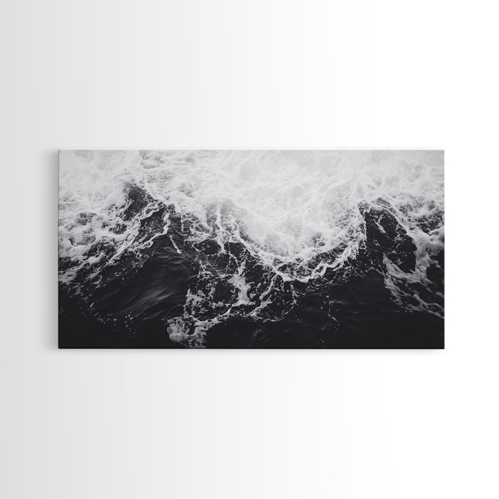 Ocean Texture, Crashing Waves, Abstract Sea, Monochrome Motion, Framed Canvas Print, Coastal Wall Art, Bathroom Minimalist Decor