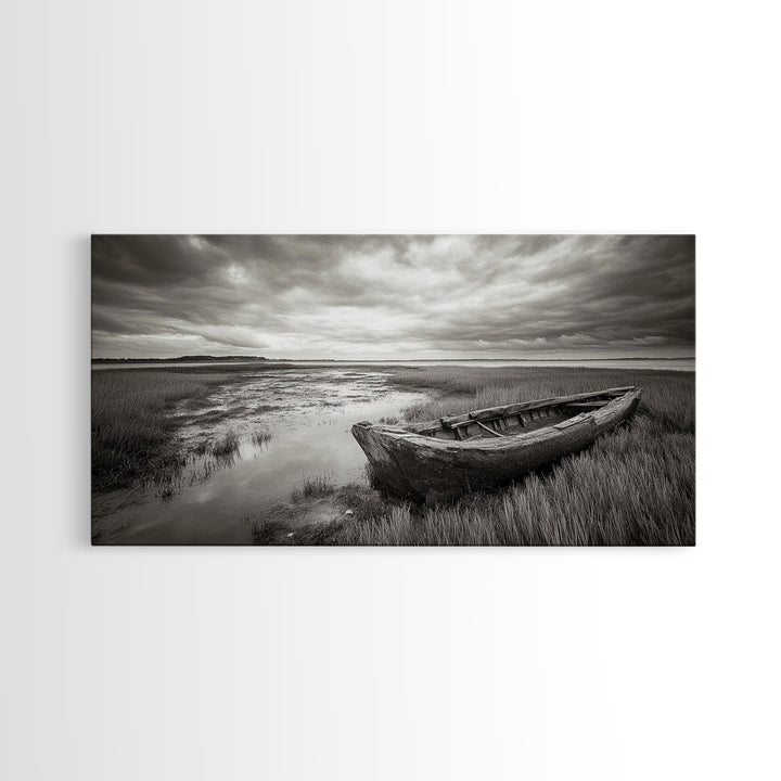 Abandoned Boat, Coastal Marsh Scene, Sepia Seascape, Framed Canvas Print, Living Room Wall Art, Moody Autumn Nautical Decor