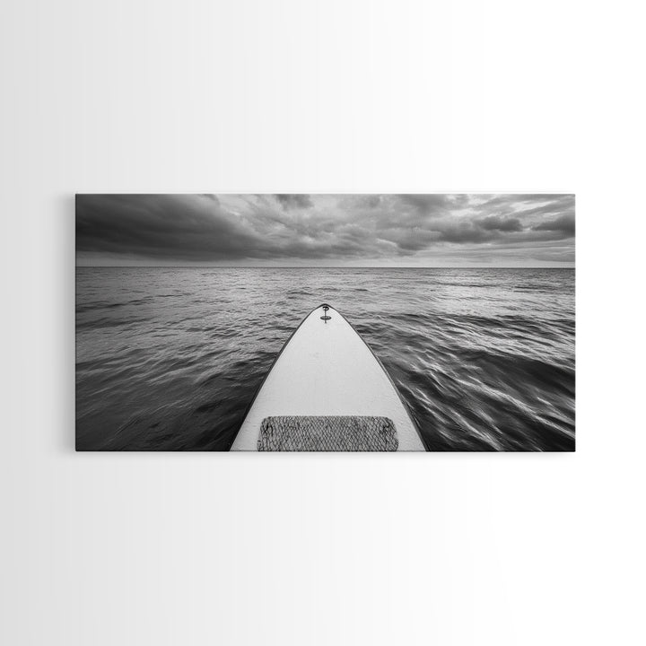 Ocean Horizon Board, Paddleboarding Adventure, Cloudy Sea Landscape, Framed Canvas Print, Modern Coastal Office or Living Room Art