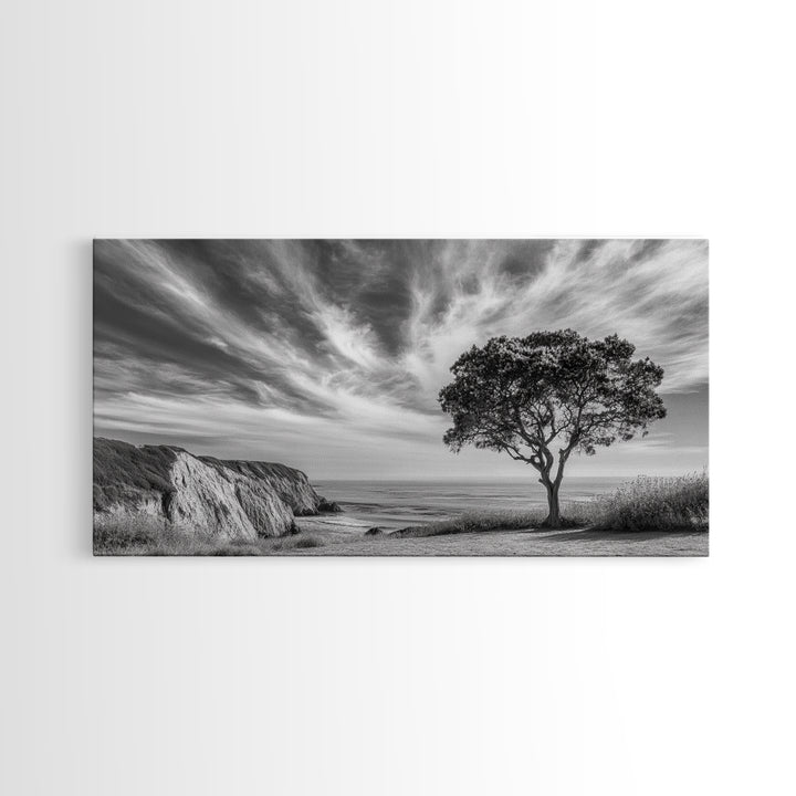 Coastal Tree Cliff, Ocean Breeze Scene, Scenic Nature Vibes, Framed Canvas Print, Boho Bedroom or Serene Living Room Wall Art