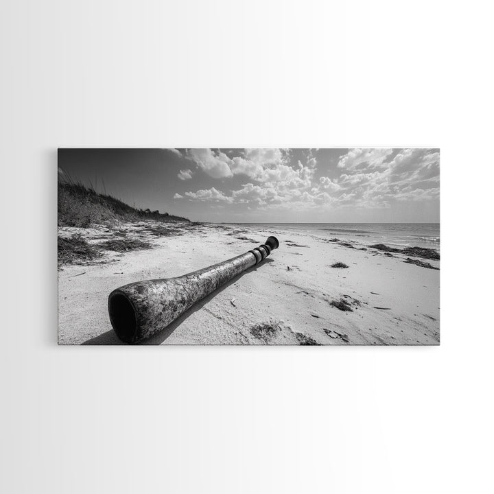 Abandoned Beach Pipe, Surreal Coastal Scene, Washed Ashore Photography, Framed Canvas Print, Moody Living Room or Fall Wall Art