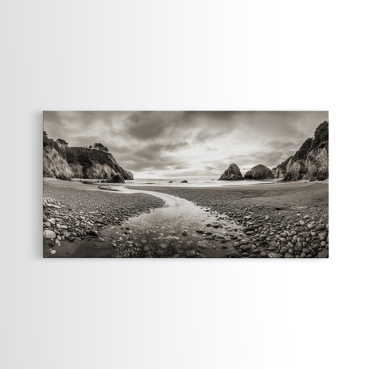 Coastal Pebble Beach, Pacific Shoreline, Serene Nature Landscape, Framed Canvas Print, Neutral Bedroom or Fall Living Room Wall Art