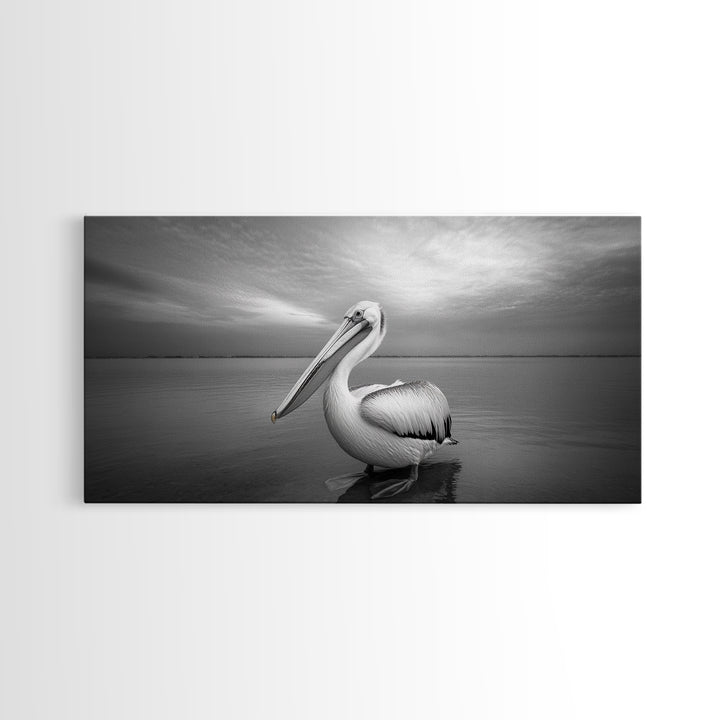 Ocean Pelican, Peaceful Bird Portrait, Coastal Wildlife Art, Framed Canvas Print, Minimalist Entryway or Beach House Wall Art