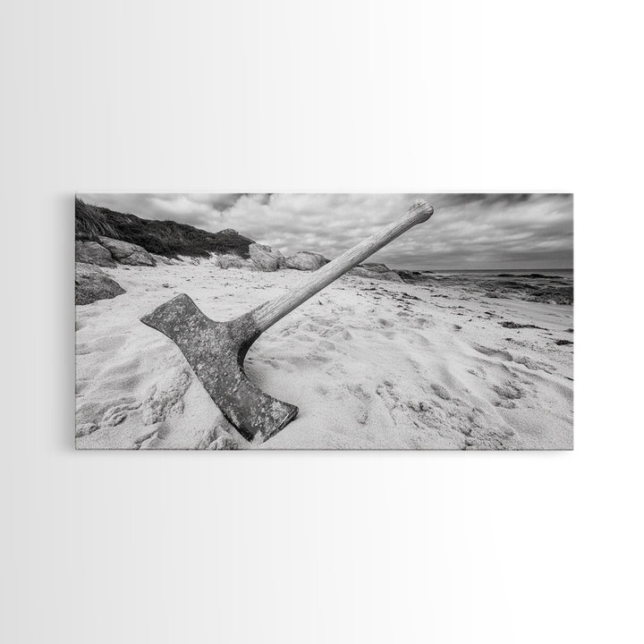Axe in Sand, Abandoned Tool Scene, Rustic Coastal Mood, Framed Canvas Print, Cabin Wall Art or Moody Fall Living Room Decor, Bathroom Wall Art