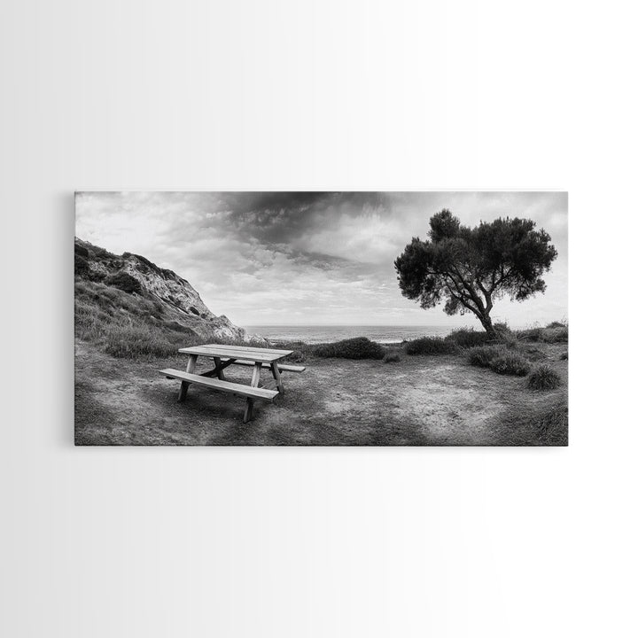 Picnic Table View, Coastal Meadow Scene, Tree and Cliff Horizon, Framed Canvas Print, Relaxing Kitchen or Outdoor Patio Wall Art