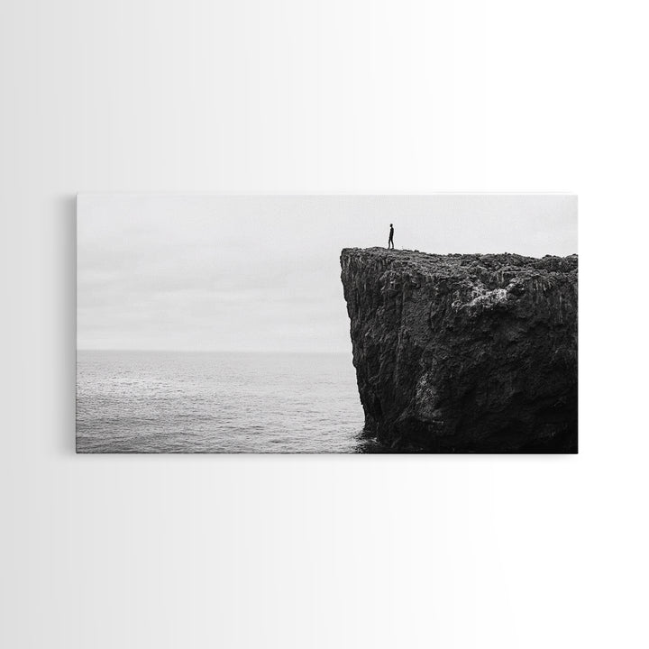 Ocean Cliff, Brave Explorer, Minimal Landscape, Adventure Wall Art, Framed Canvas Print, Modern Home Decor, Inspirational Office Art