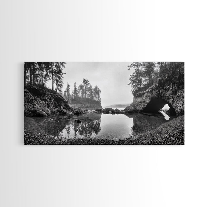 Coastal Cave Reflections, Misty Tidepool Scene, Moody Nature Landscape, Canvas Print, Living Room Wall Art, Black And White Art