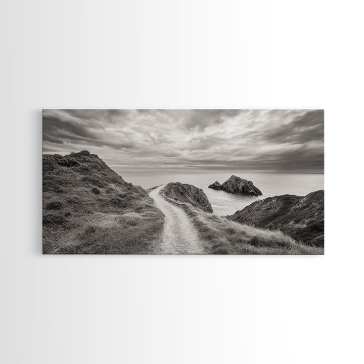 Coastal Cliff Path, Ocean View Trail, Windswept Grass Art, Seaside Wall Decor, Framed Canvas Print, Bedroom Art, Nature Lover Gift