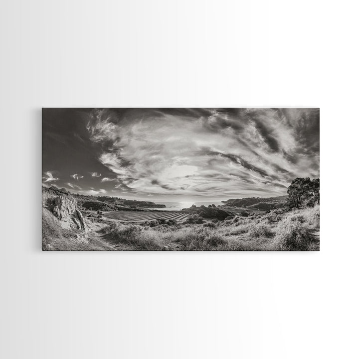 Coastal Hillside Sunset, Vineyard Ocean View, Rolling Landscape Art, Framed Canvas Print, Kitchen Wall Art, California Scenery