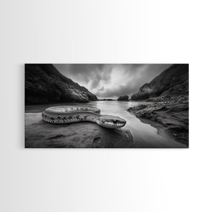 Ocean Snake Landscape, Coastal Creature Scene, Black and White Reptile, Framed Canvas Print, Moody Art, Bedroom or Den Decor