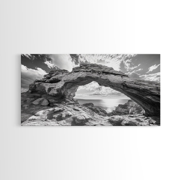 Natural Rock Arch, Seaside Cliff View, Desert Coastal Window, Framed Canvas Print, Boho Earth Tones, Living Room Wall Decor