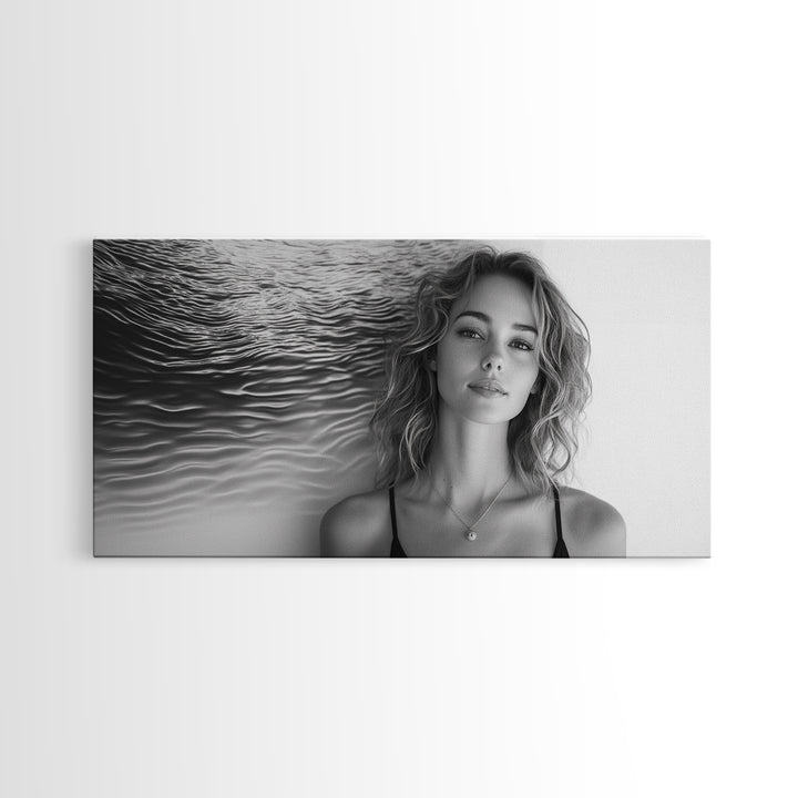 Ocean Texture, Abstract Waves, Modern Female, Artistic Portrait, Canvas Print, fashion wall art, glam room decor, minimal black white
