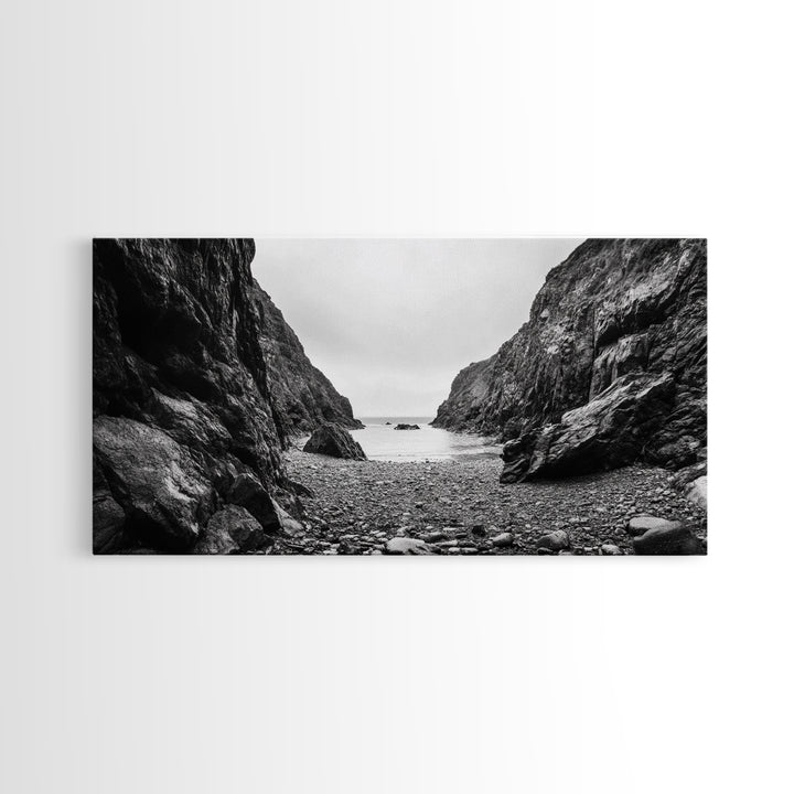 Rocky Cove, Ocean Gap, Cliffside Path, Secluded Coast, Framed Canvas Print, adventure wall art, man cave, grayscale wilderness print