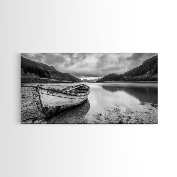 Abandoned Boat, Mountain Lake, Moody Shore, Nature Reflections, Framed Canvas Print, cabin wall art, explorer decor, grayscale nature