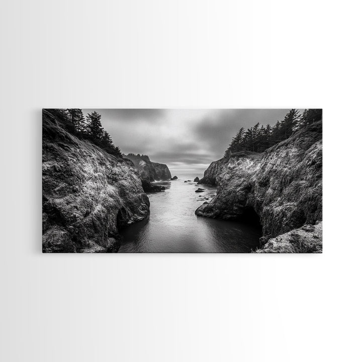 Ocean Passage, Cliff Channel, Rugged Coast, Forest Horizon, Canvas Print, dramatic nature art, large wall piece, hallway landscape art
