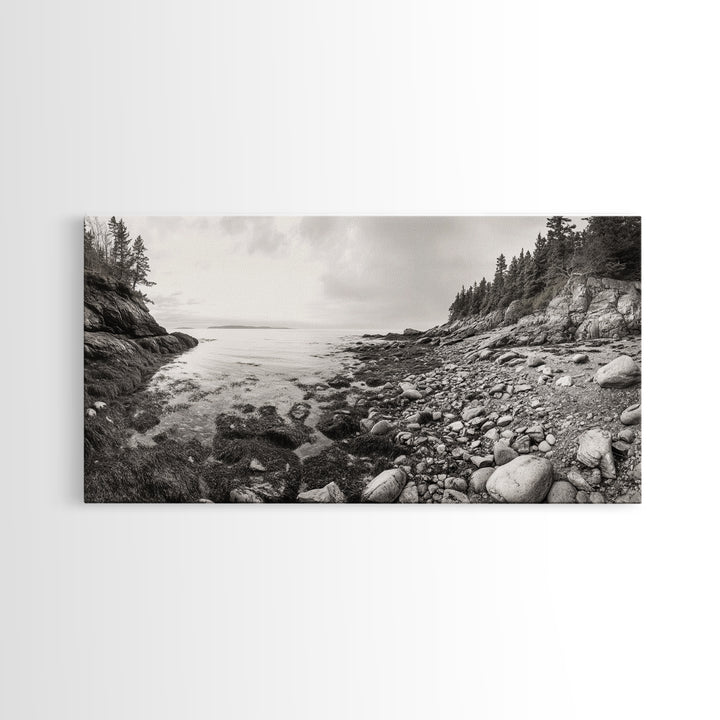 Rocky Coast, Forest Edge, Tranquil Shoreline, Earthy Landscape Scene, Canvas Print, Neutral Home Decor, Rustic Cabin Wall Art