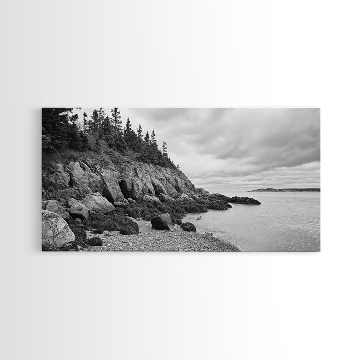 Rocky Shore, Coastal Forest, Black White Landscape, Nature Wall Decor, Framed Canvas Print, Cabin Living Room Art, Fall Inspired Scene