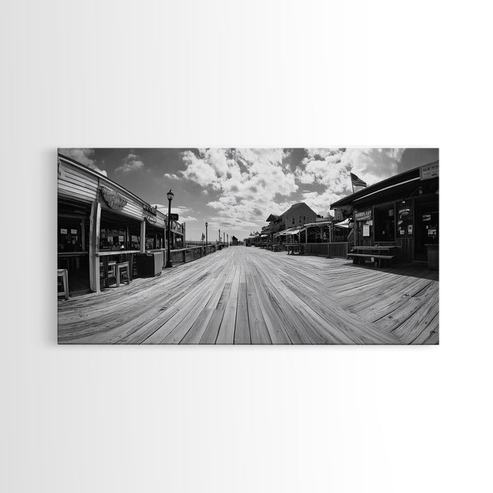 Boardwalk View, Beach Shops, Summer Scene, Coastal Town, Framed Canvas Print, Nautical Wall Art, Dining Room Coastal Decor