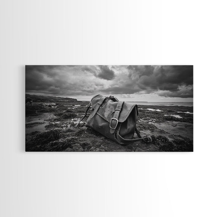 Abandoned Satchel, Coastal Mystery Art, Lost and Found Decor, Moody Beach Scene, Canvas Print, Study Wall Art, Nautical Rustic Aesthetic