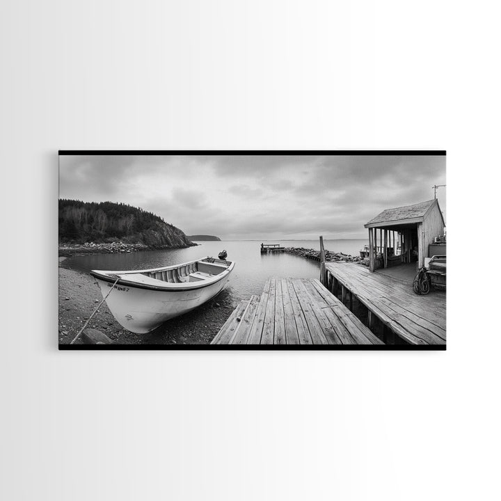 Rowboat Dock, Harbor Scene, Calm Waters, Quiet Morning, Framed Canvas Print, Lakeside Cabin Wall Art, Rustic Nautical Decor, Cabin Decor