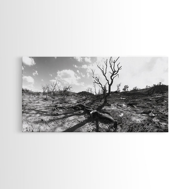 Barren Tree Landscape, Post Fire Terrain, Dystopian Forest Scene, Survival Mood, Canvas Print, Office Wall Art, Dark Nature Decor