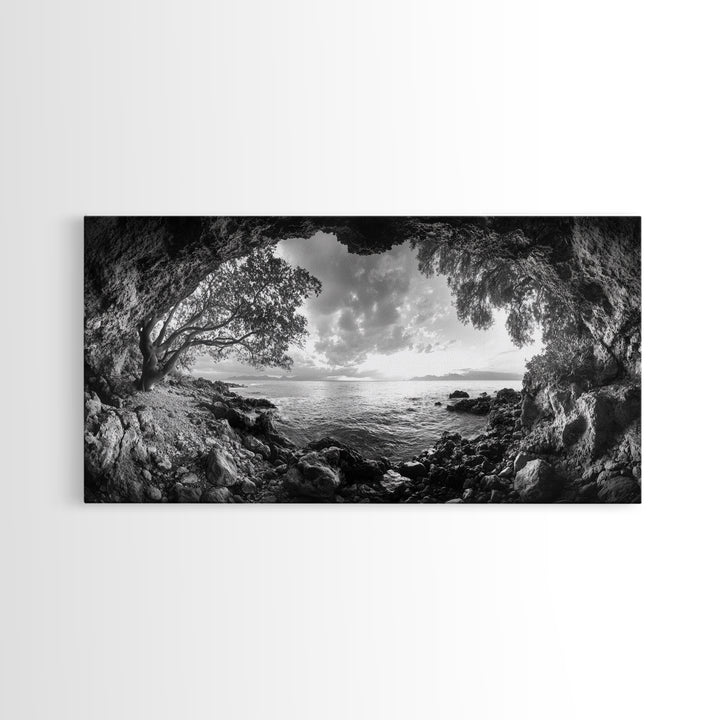 Ocean Cave View, Coastal Tree Framing, Tranquil Sea Scene, Nature Window Art, Framed Canvas Print, Bedroom Wall Art, Zen Decor