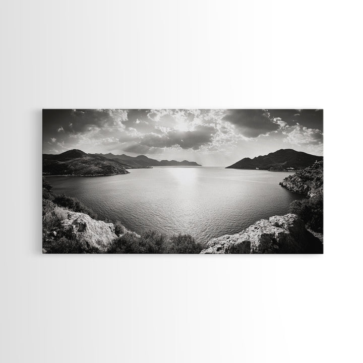 Ocean Sunset View, Mountain Coast Landscape, Black and White Art, Canvas Print, Minimalist Decor, Living Room Wall Art, Tranquil Home Style