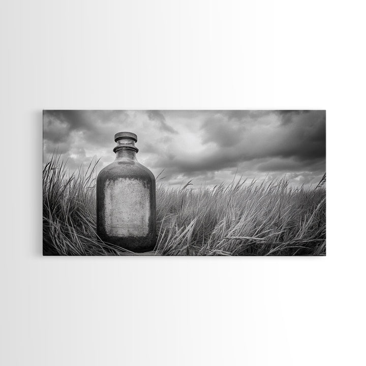 Antique Bottle Field, Rustic Outdoor Scene, Black and White Photography, Framed Canvas Print, Farmhouse Wall Art, Entryway Decor